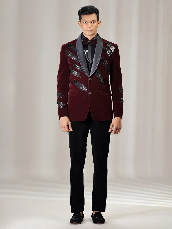 Maroon reception wear coat suit in velvet