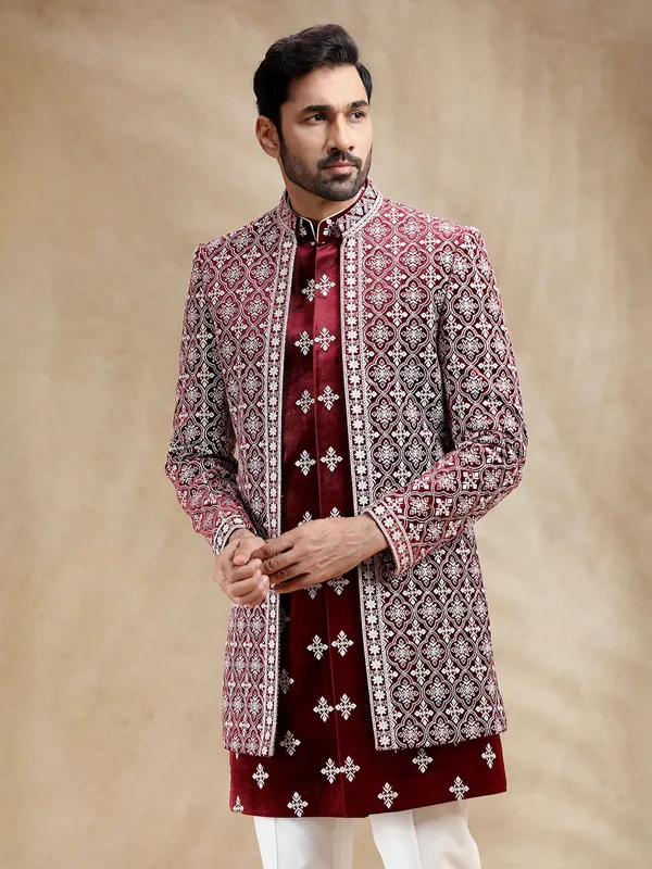 Maroon reception wear velvet indowestern set for men