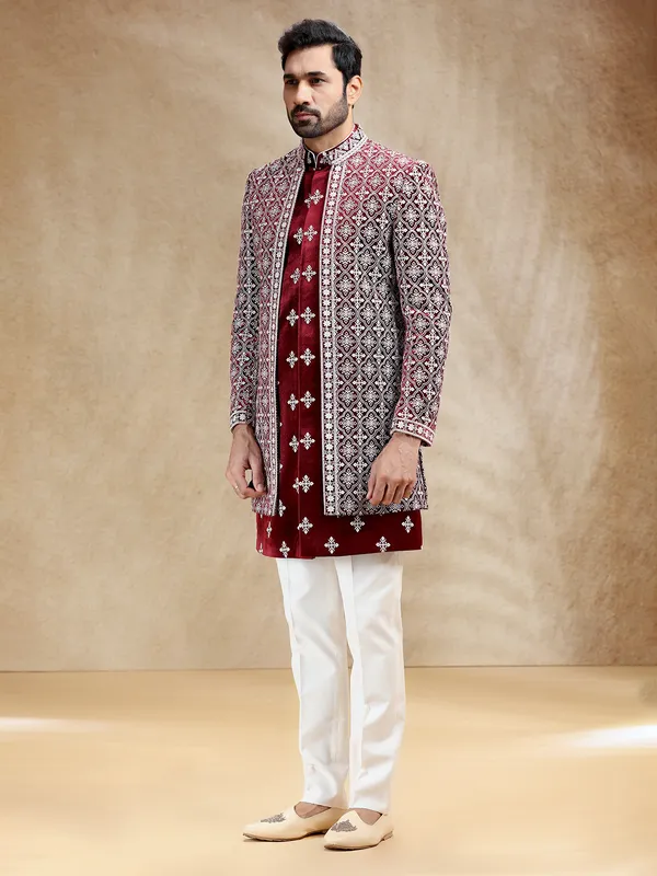 Maroon reception wear velvet indowestern set for men