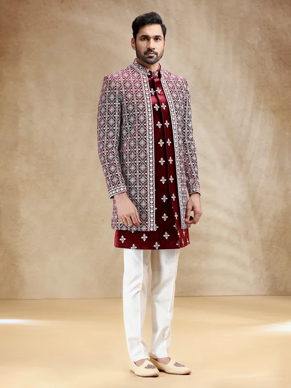 Maroon reception wear velvet indowestern set for men