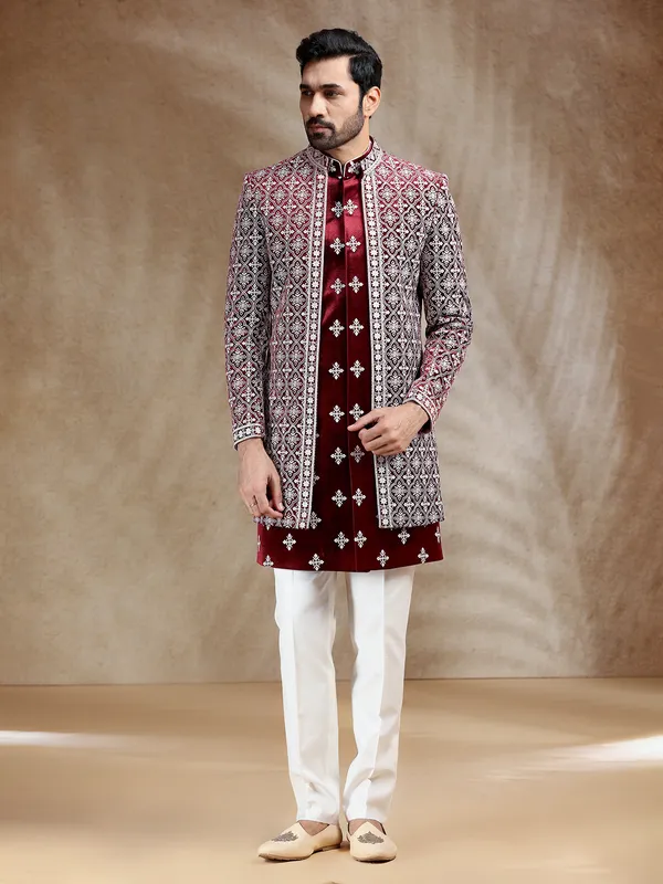 Maroon reception wear velvet indowestern set for men