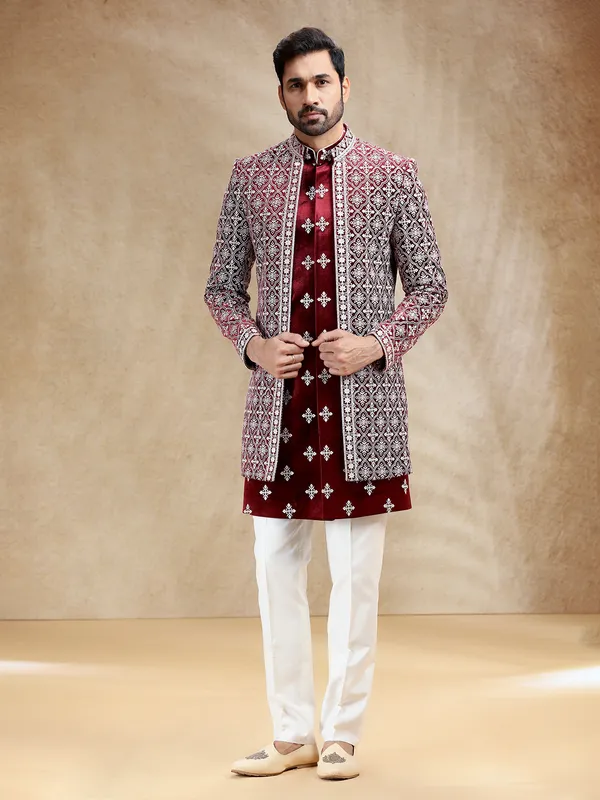 Maroon reception wear velvet indowestern set for men