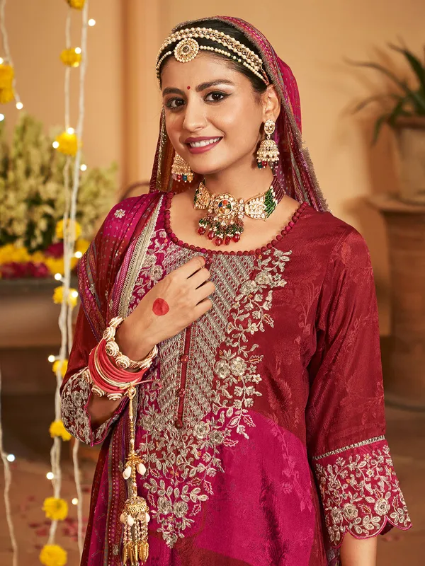Maroon resham worked silk salwar suit