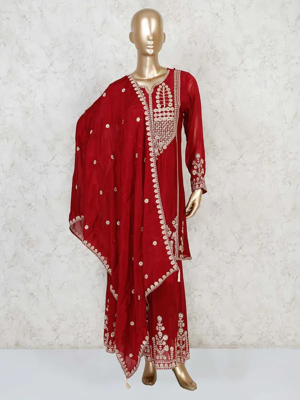 Maroon satin party punjabi sharara suit
