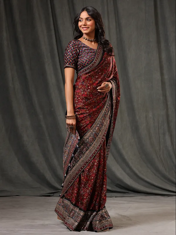 Maroon satin printed saree
