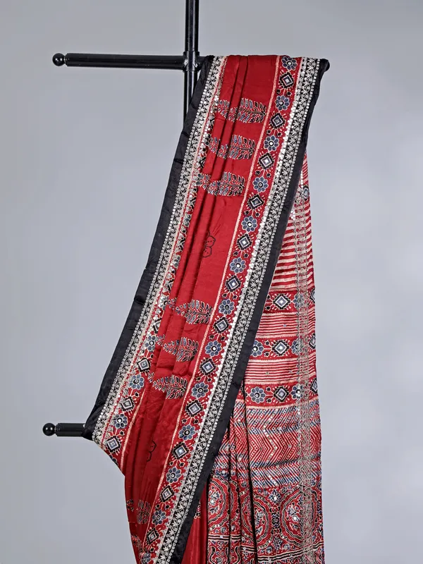 Maroon satin silk wedding wear saree