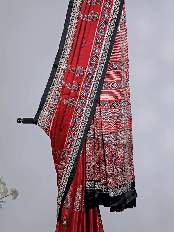 Maroon satin silk wedding wear saree