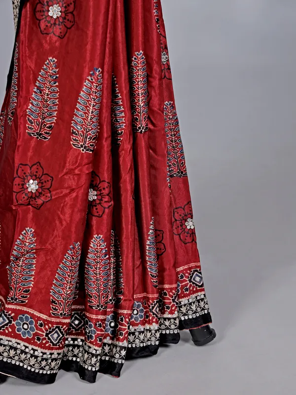 Maroon satin silk wedding wear saree