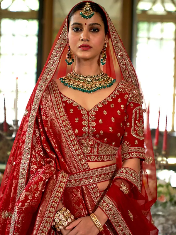 Maroon silk bridal lehenga choli with beads detailing
