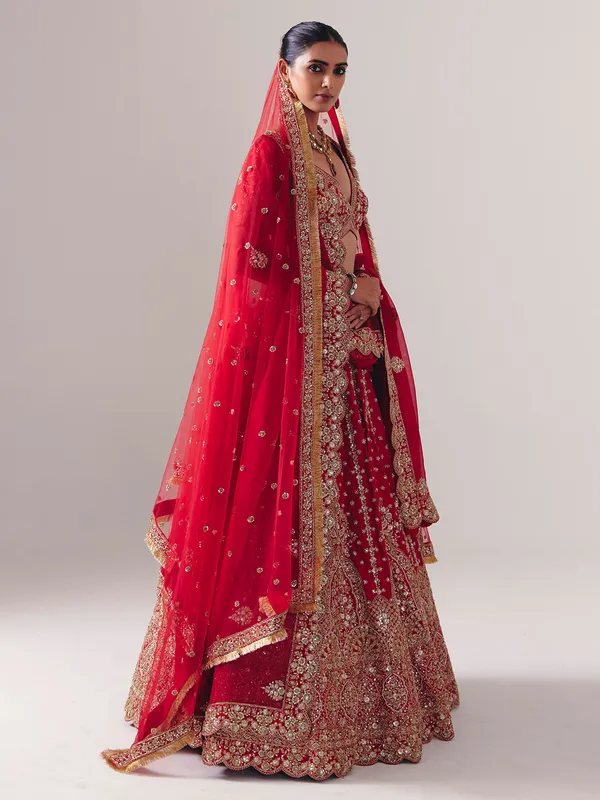Maroon silk bridal lehenga choli with resham detailing