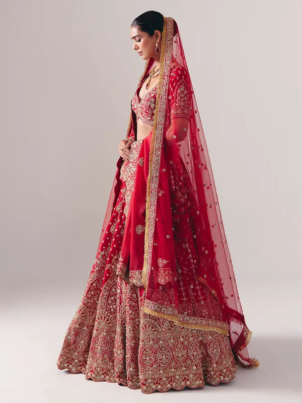 Maroon silk bridal lehenga choli with resham detailing
