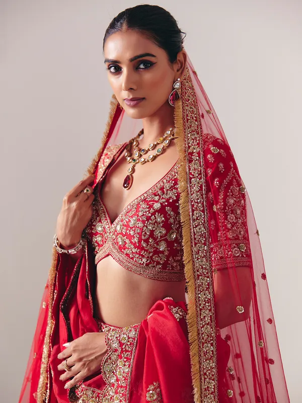Maroon silk bridal lehenga choli with resham detailing