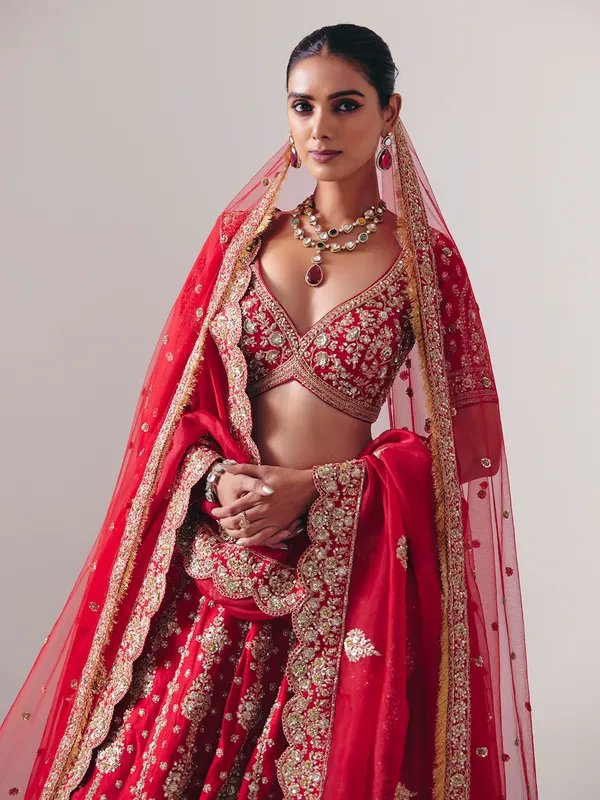 Maroon silk bridal lehenga choli with resham detailing