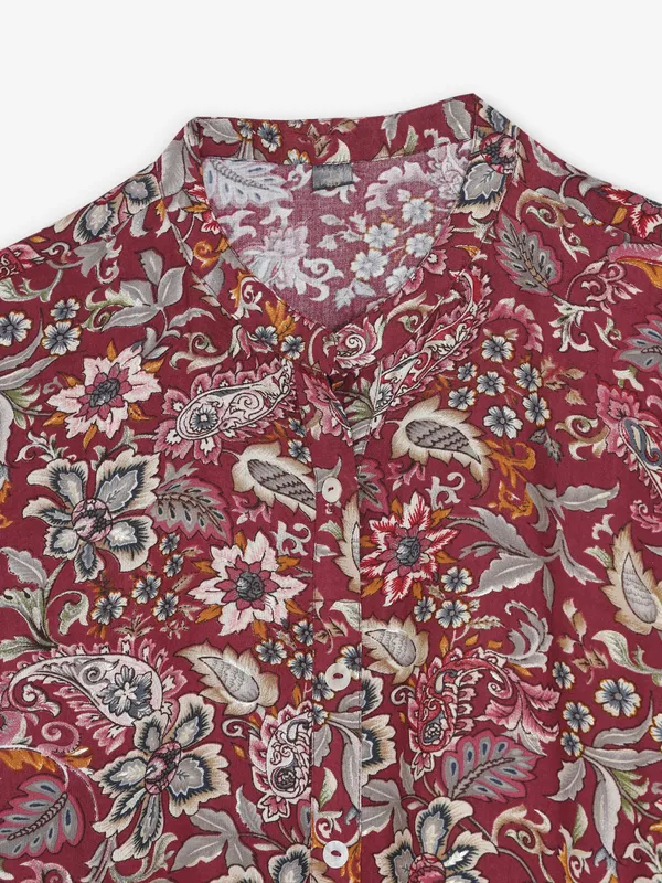 Maroon silk cotton printed kurti for women