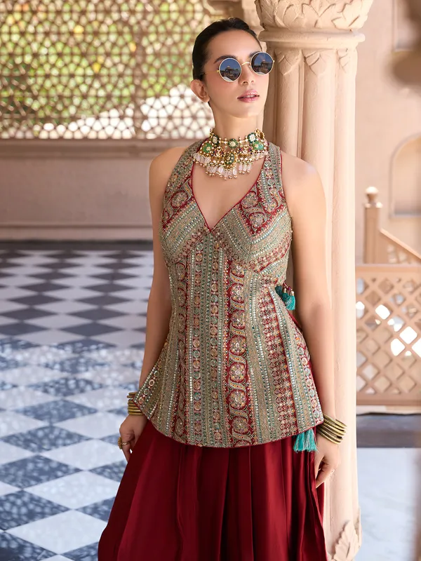 Maroon silk dhoti suit for women
