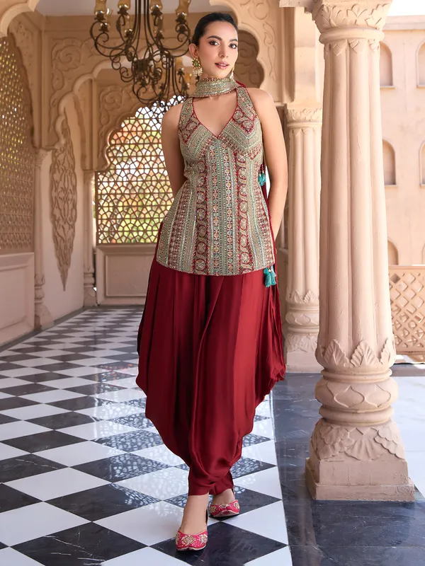 Maroon silk dhoti suit for women