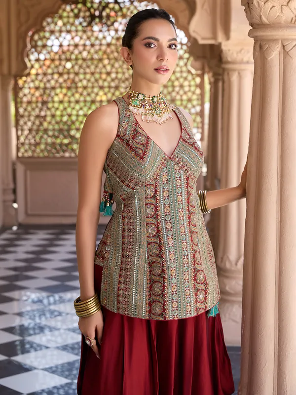 Maroon silk dhoti suit for women