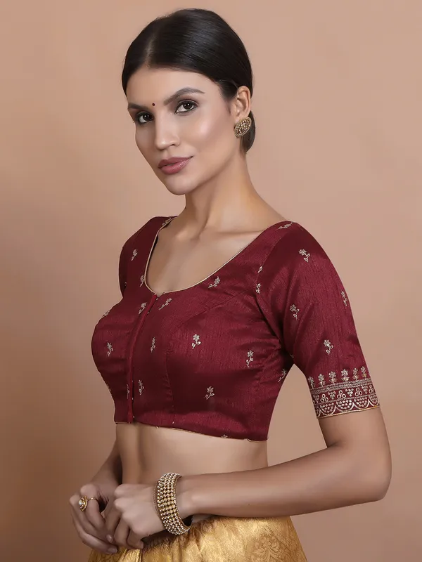 Maroon silk embroidered blouse with round neck