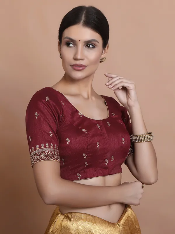 Maroon silk embroidered blouse with round neck