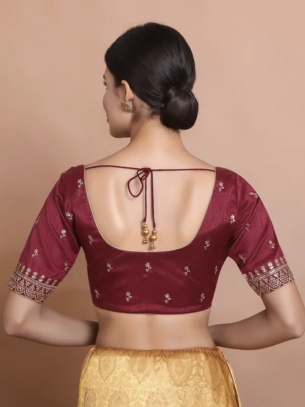 Maroon silk embroidered blouse with round neck