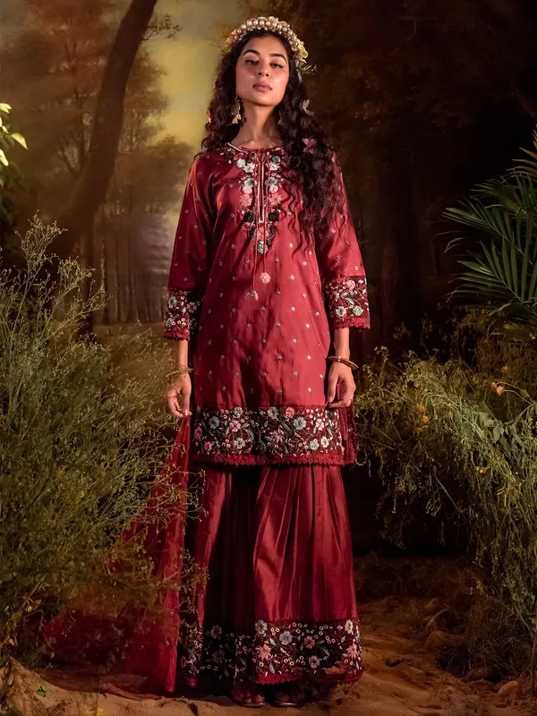 Maroon silk embroidery sharara set