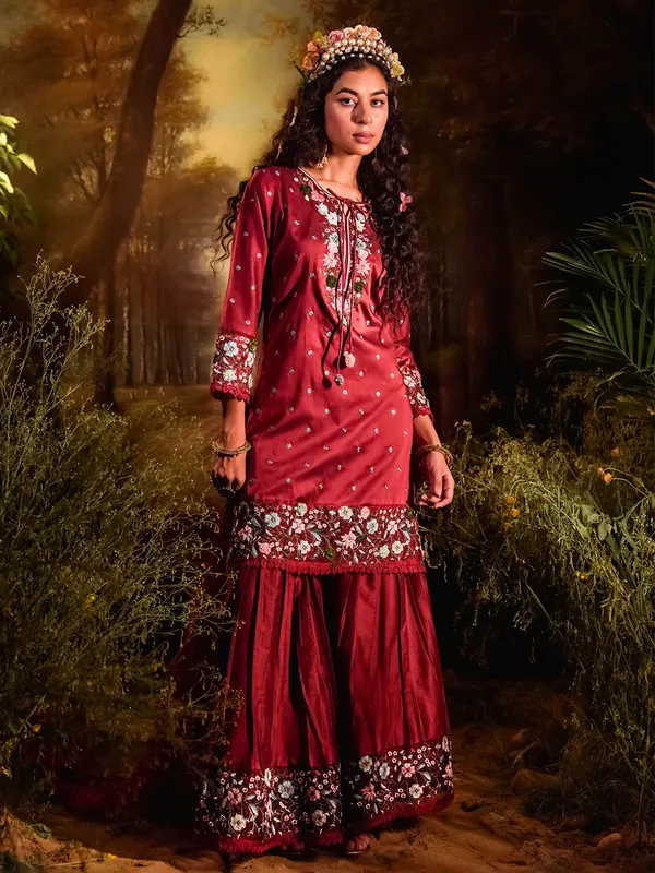 Maroon silk embroidery sharara set