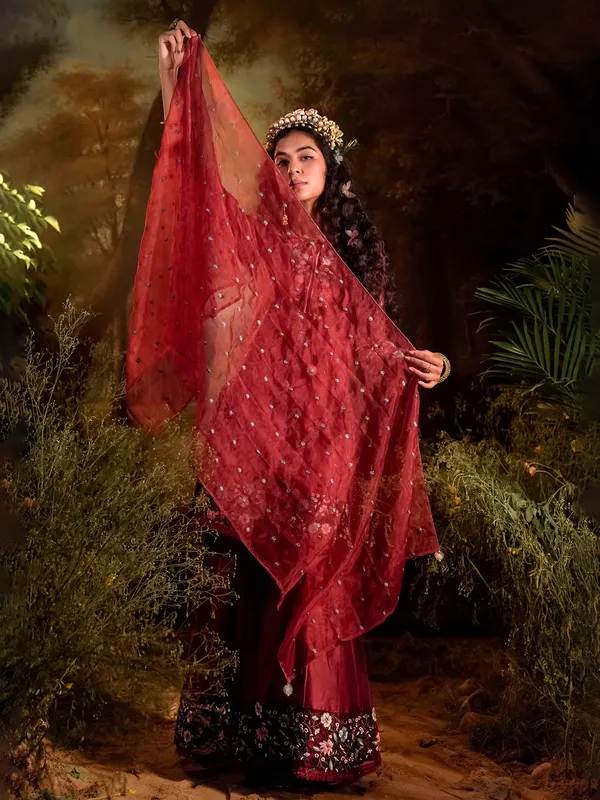 Maroon silk embroidery sharara set