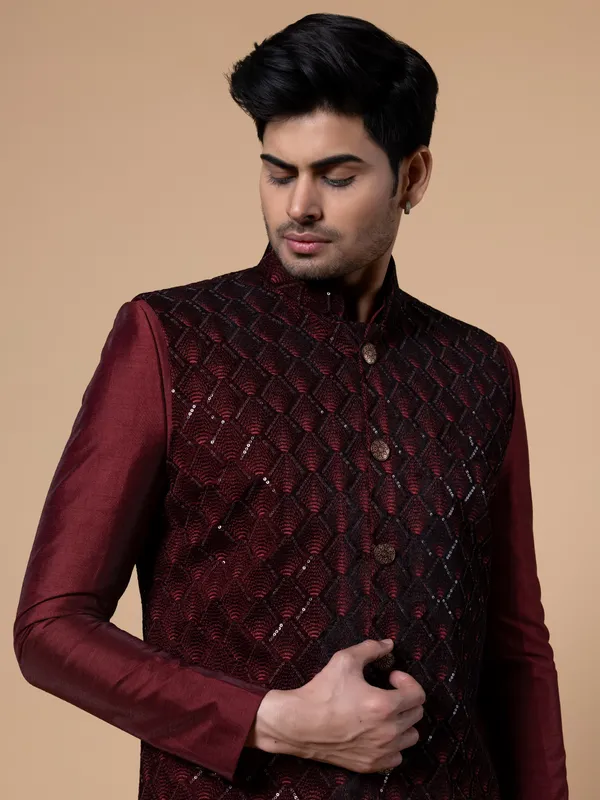Maroon silk embroidery waistcoat set