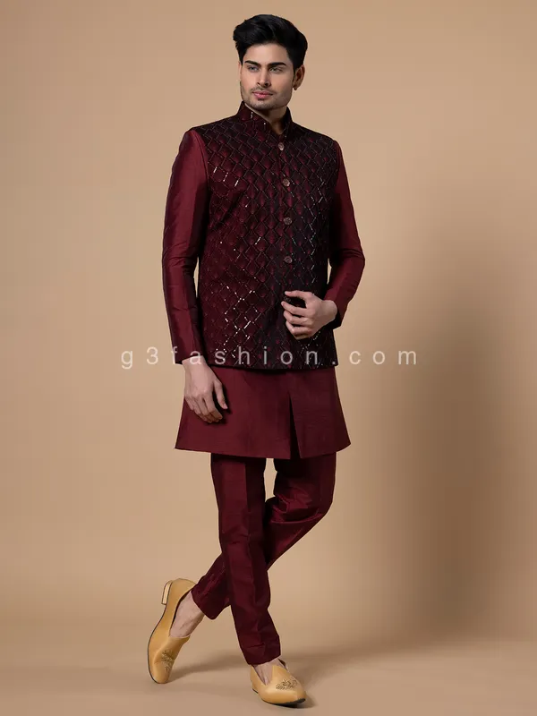 Maroon silk embroidery waistcoat set