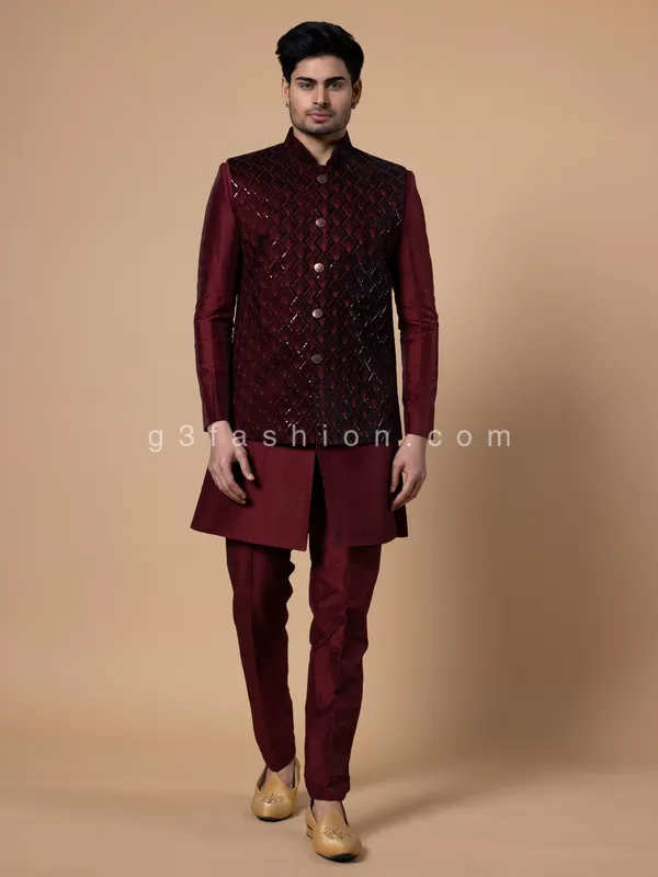 Maroon silk embroidery waistcoat set