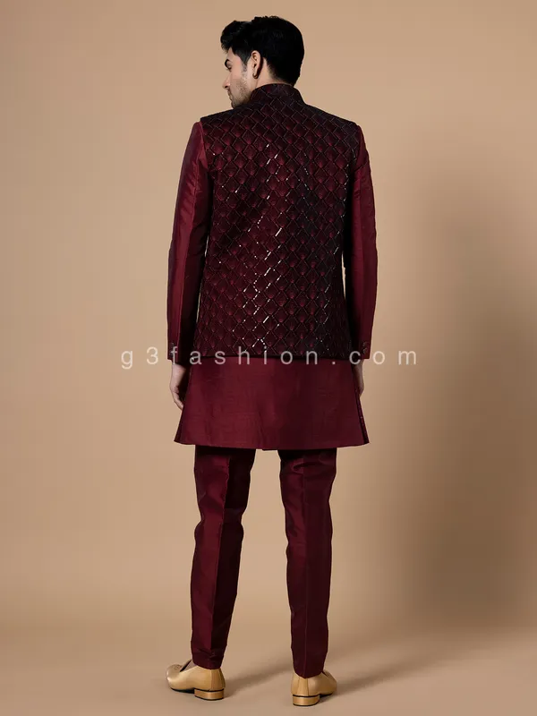 Maroon silk embroidery waistcoat set