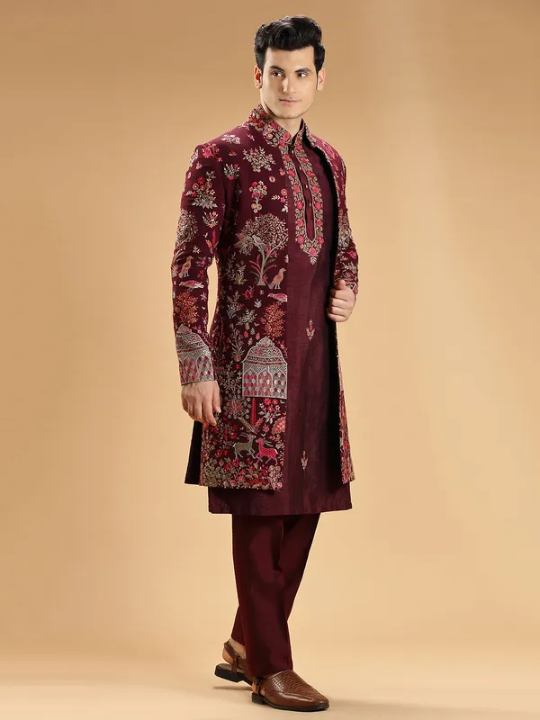 Maroon silk indowestern for men