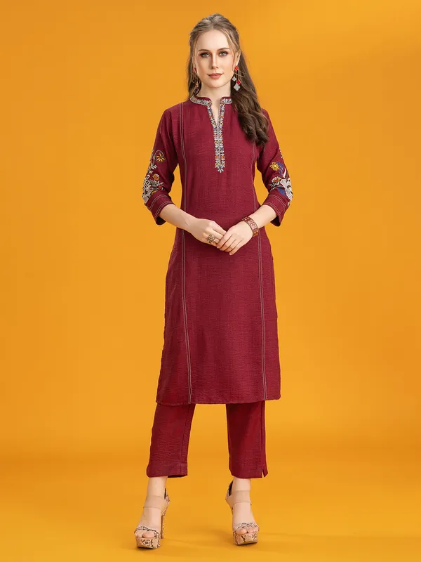 Maroon silk kurti set with embroidery for women