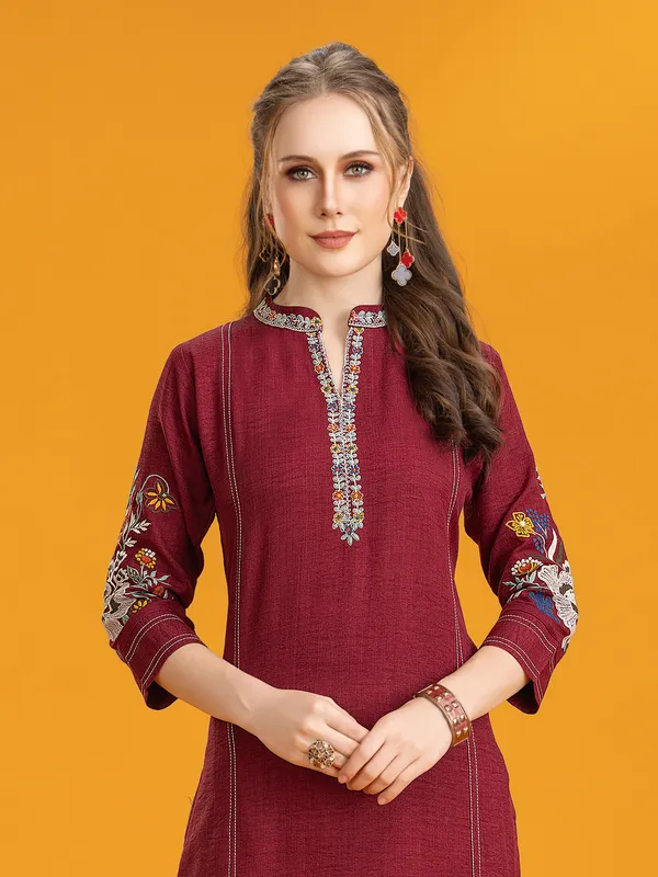 Maroon silk kurti set with embroidery for women