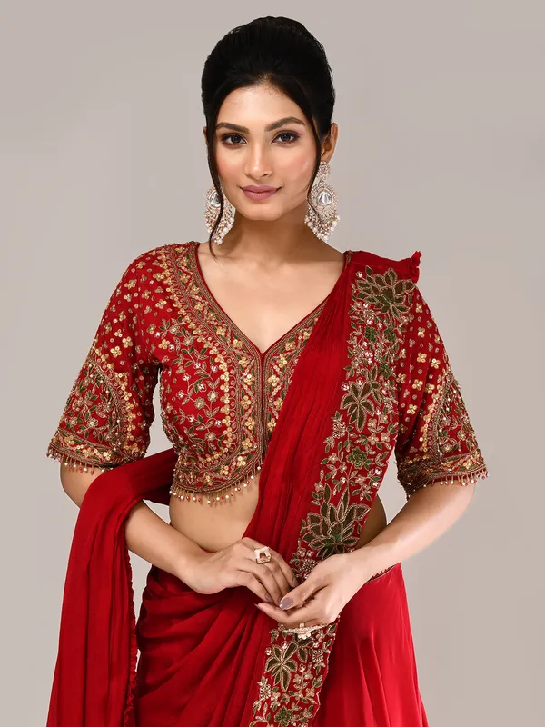 Maroon silk lehenga choli with attached dupatta