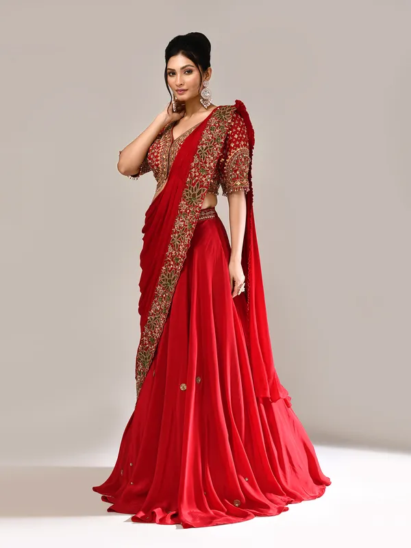 Maroon silk lehenga choli with attached dupatta