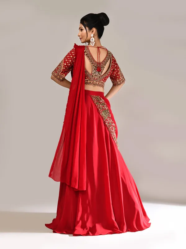 Maroon silk lehenga choli with attached dupatta