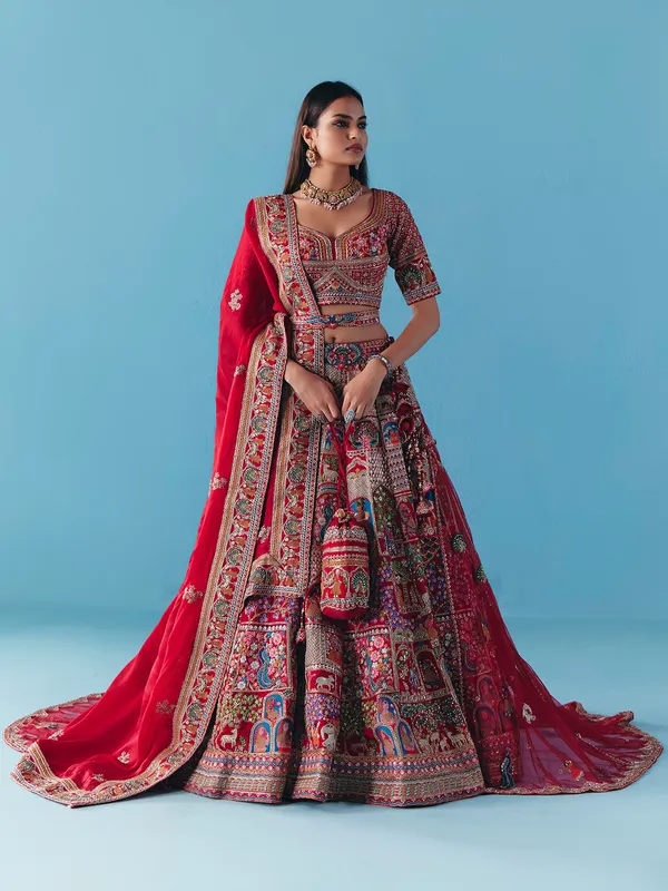 Maroon silk lehenga choli with zardosi diamond grandeur