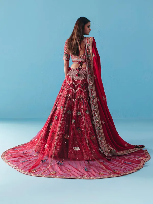Maroon silk lehenga choli with zardosi diamond grandeur