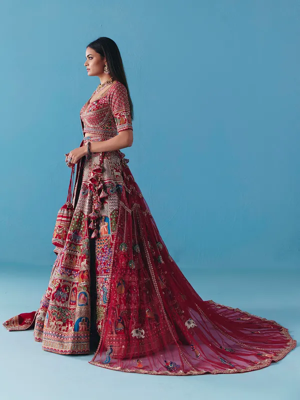 Maroon silk lehenga choli with zardosi diamond grandeur