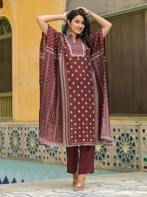 Maroon silk mirror work kurti ensemble