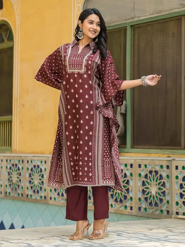 Maroon silk mirror work kurti ensemble