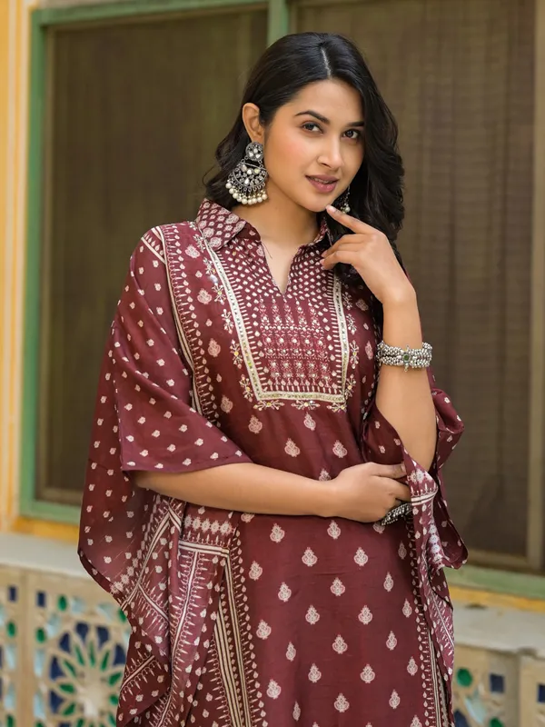 Maroon silk mirror work kurti ensemble