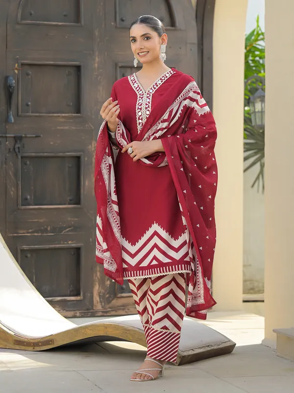 Maroon silk mirror work kurti set