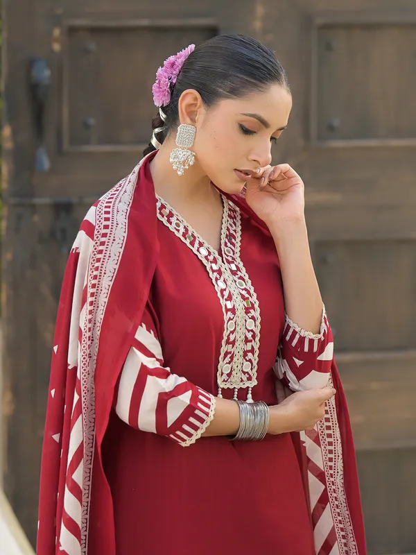 Maroon silk mirror work kurti set