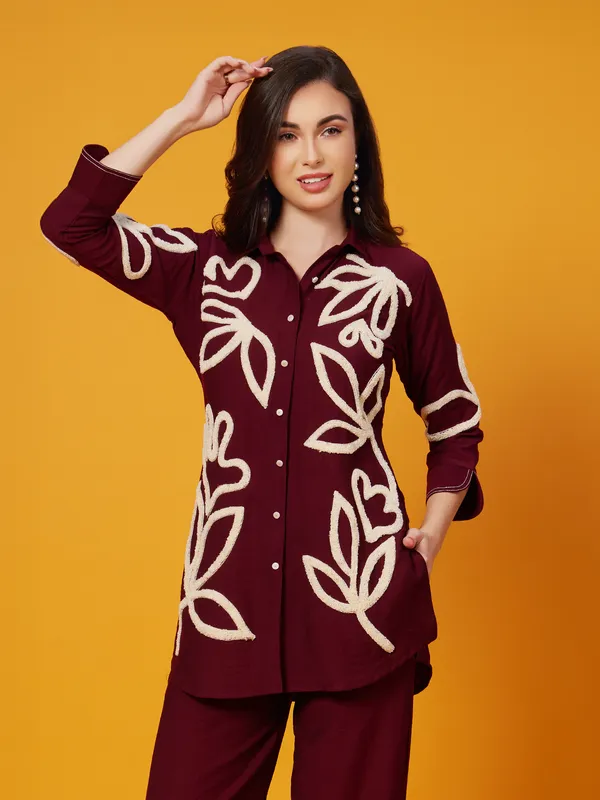 Maroon silk palazzo ensemble with delicate thread work