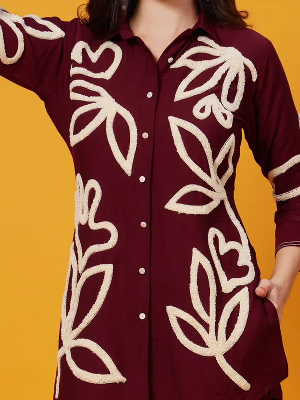 Maroon silk palazzo ensemble with delicate thread work