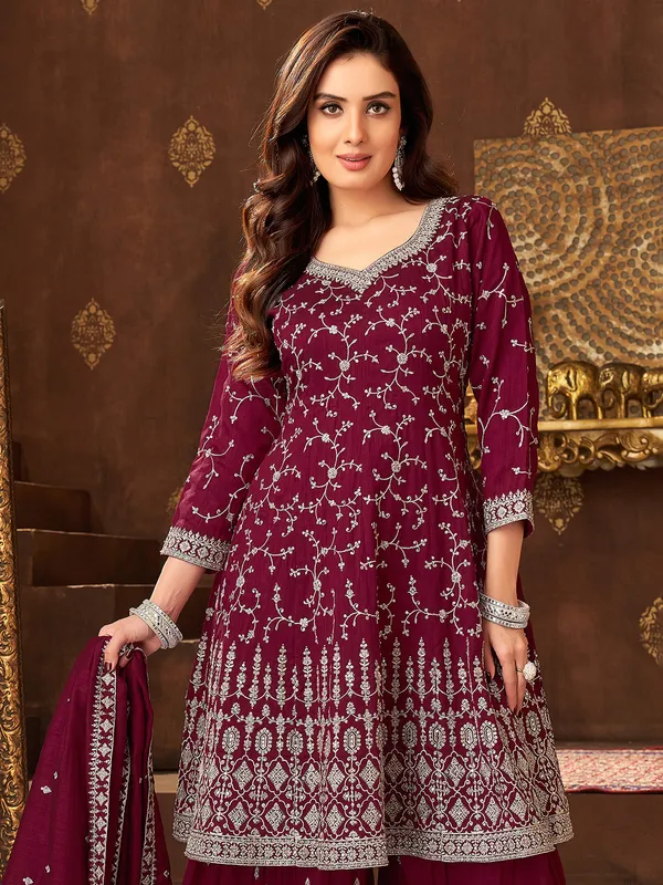 Maroon silk palazzo suit with sequins work