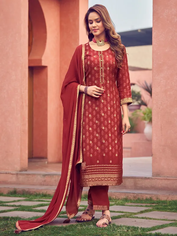 Maroon silk salwar suit with zari work