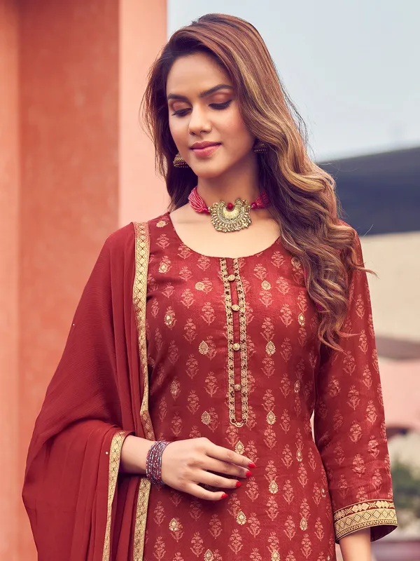 Maroon silk salwar suit with zari work